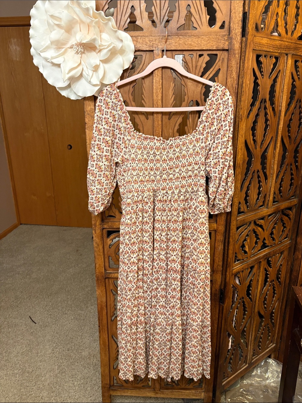 Floral Smocked Midi Dress in Cream and Rust Tones